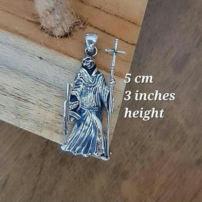 La Santa Muerte 925 Sterling Silver pendant holding a Cross and a Gun - 5CM ( 2 INCHES )