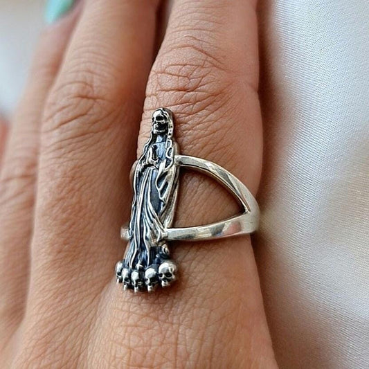 Handmade Santa Muerte Ring: Gothic 925 Silver Skull Ring