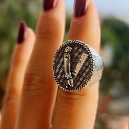 Handmade Sterling Silver Barber Razor Signet Ring -  Gothic Style
