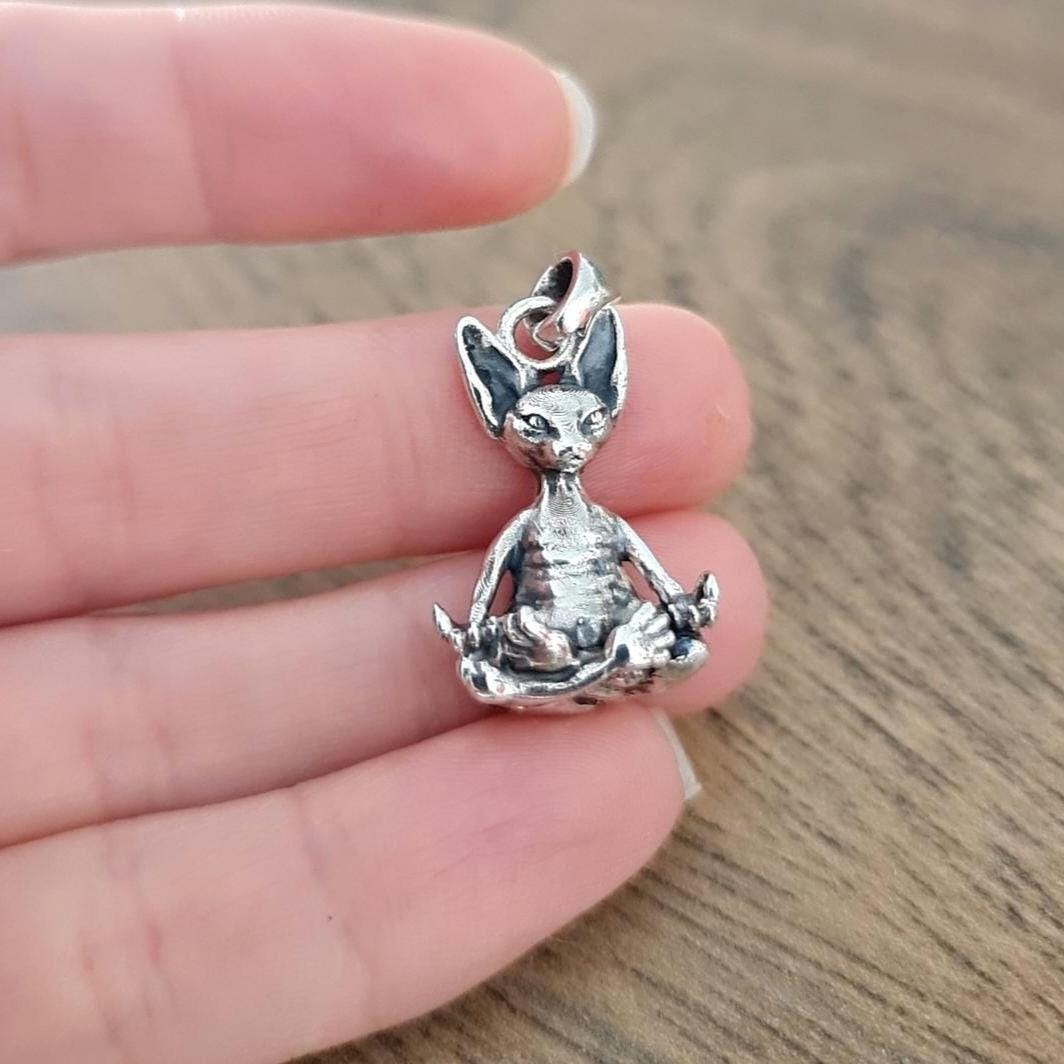 Handmade Sterling Silver Sphynx Cat Pendant: Zen Yoga Pose