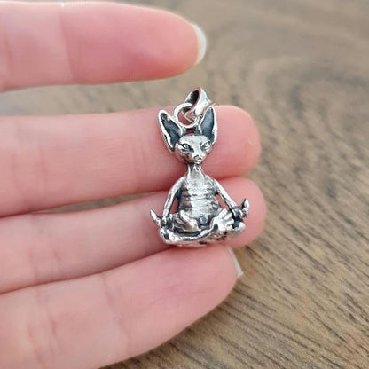 Handmade Sterling Silver Sphynx Cat Pendant: Zen Yoga Pose