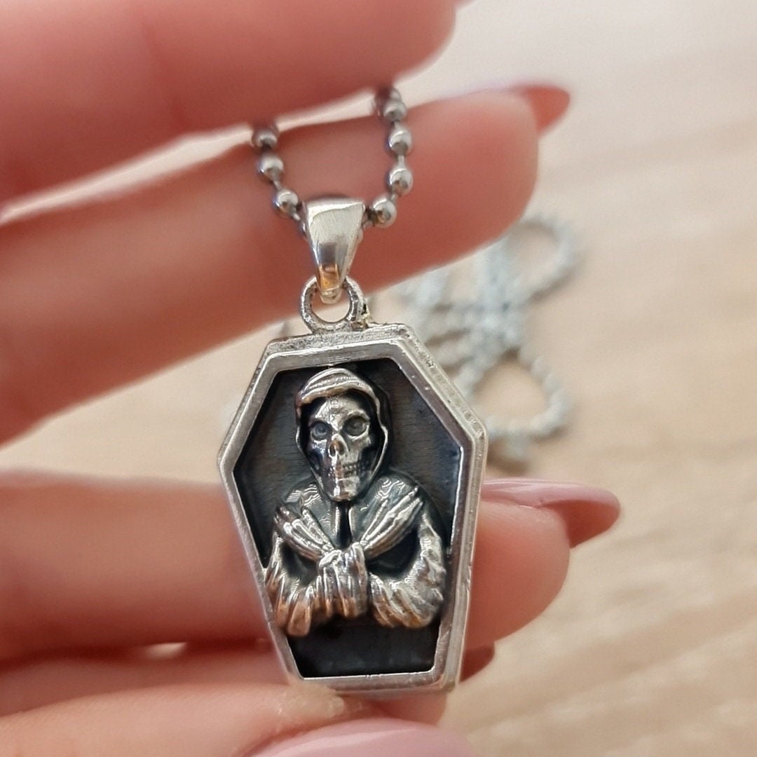 Handmade Sterling Silver Misfits Skull Coffin Pendant - Gothic Horror