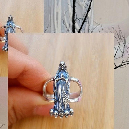 Handmade Santa Muerte Ring: Gothic 925 Silver Skull Ring