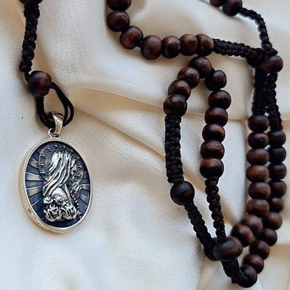 Handmade Santa Muerte Rosary Necklace: 925 Silver Praying Pendant