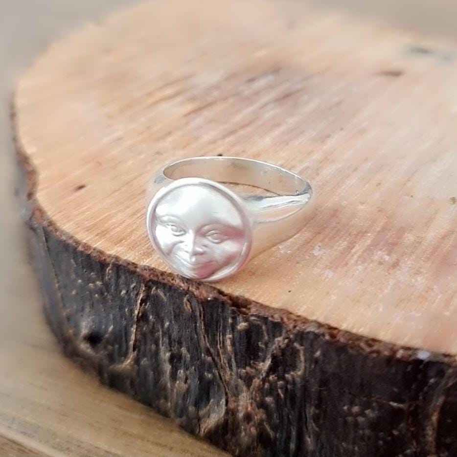 Handmade Sterling Silver Full Moon Face Ring: Celestial Jewelry