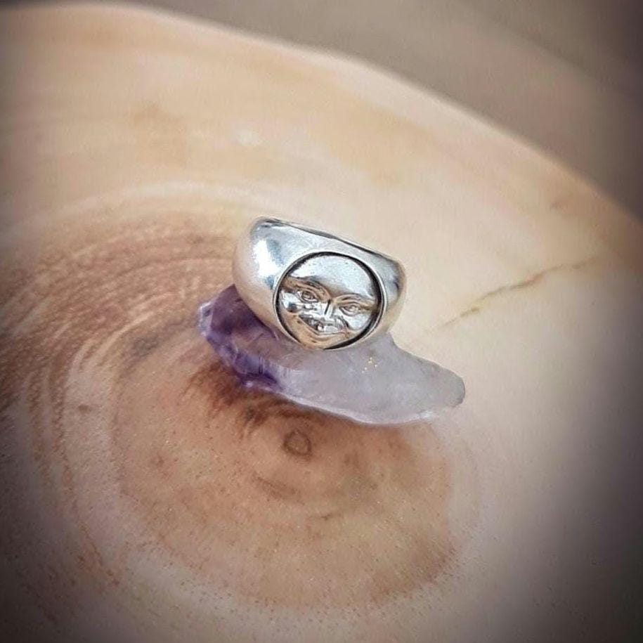 Handmade Sterling Silver Moon Face Ring - Celestial Jewelry