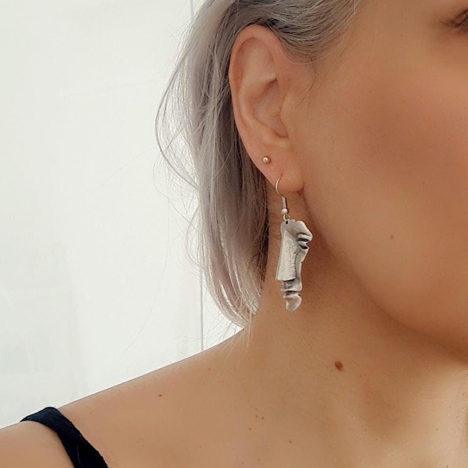 Abstract Face Dangle Earrings: Stainless Steel Modern Art Statement Piece