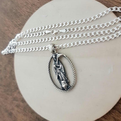Handmade 925 Silver Santa Muerte Scythe Pendant Necklace: Gothic Style