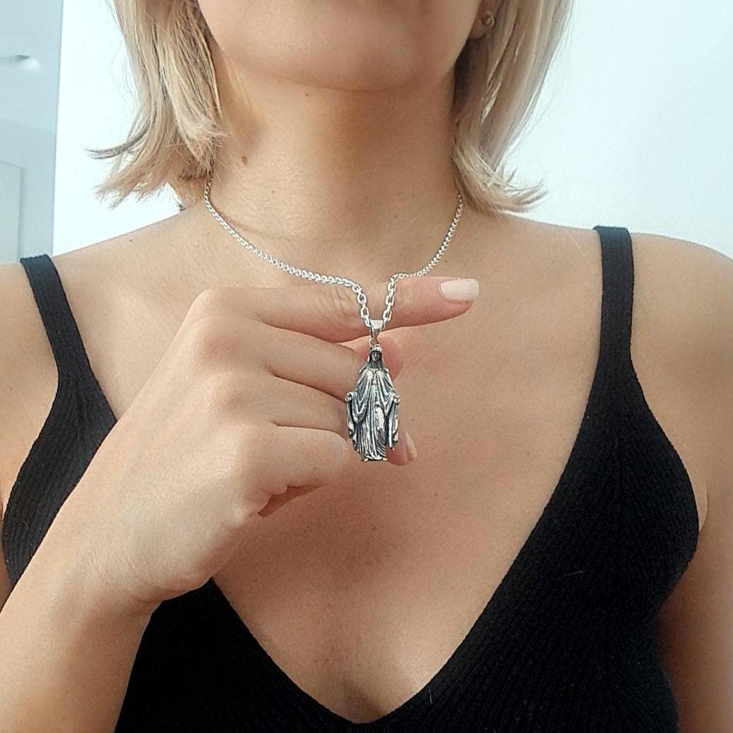 Sterling Silver Virgin Mary Necklace: Religious Protection Pendant