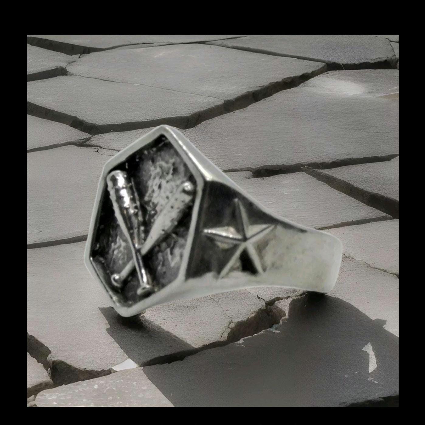 Baseball Spikes 925 Sterling Silver Ring - bold  Design - Biker Jewelry