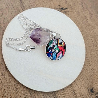 Picasso Art Nouveau Cabochon Necklace: 925 Sterling Silver Pendant
