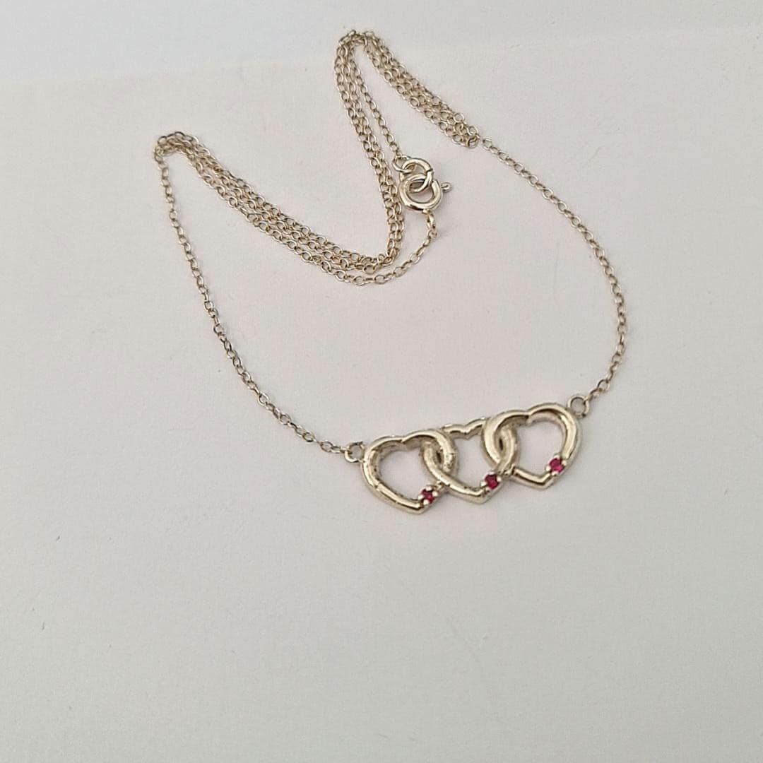 Sterling Silver Interlocking Hearts Necklace: Red Stone Accents, Romantic Gift