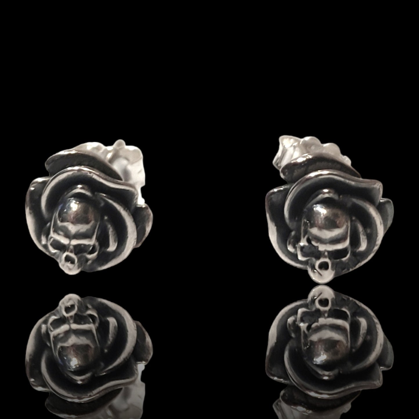 Roses and Skulls Stud Earrings - Gothic Style - Sterling Silver -