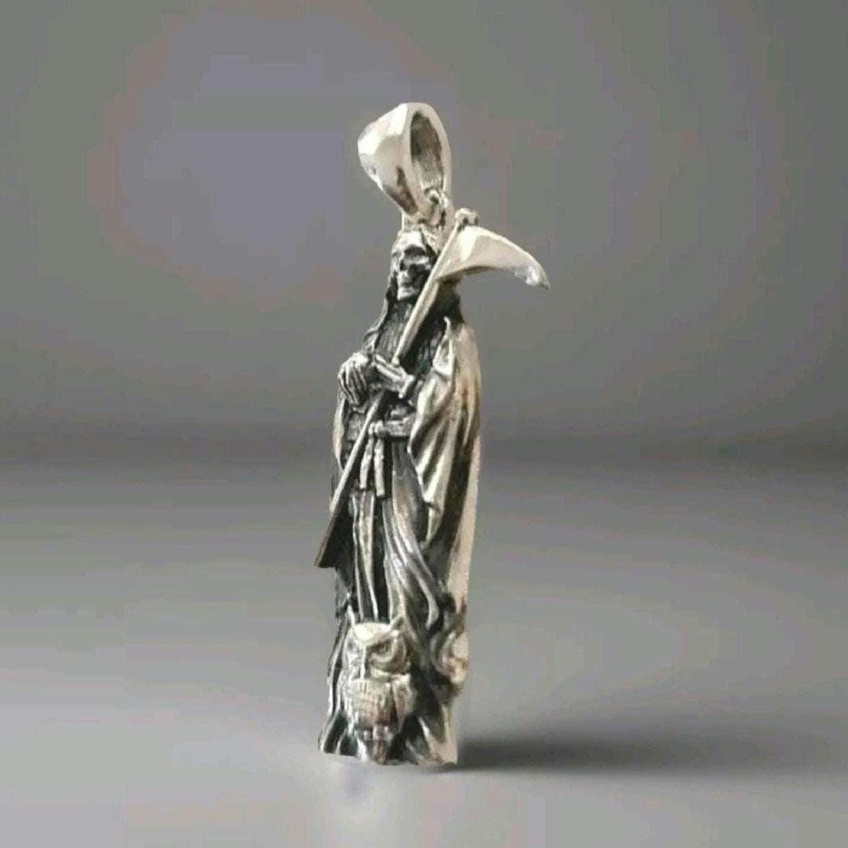 Handmade 925 Silver Santa Muerte Scythe Necklace: Gothic Grim Reaper Pendant