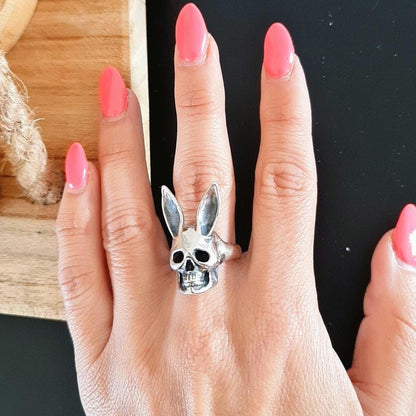 Handmade Sterling Silver Bunny Skull Ring: Gothic Statement Jewelry