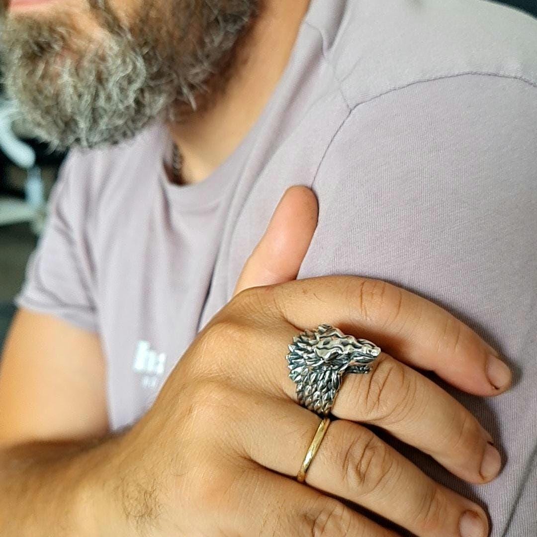 Sterling Silver Game of Thrones Direwolf Winter is Coming Ring: Handmade Viking Wolf Head Jewelry