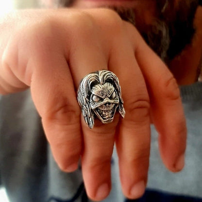 Handmade Sterling Silver Iron Maiden Killers - Eddie Skull Ring: Biker Rock Pendant