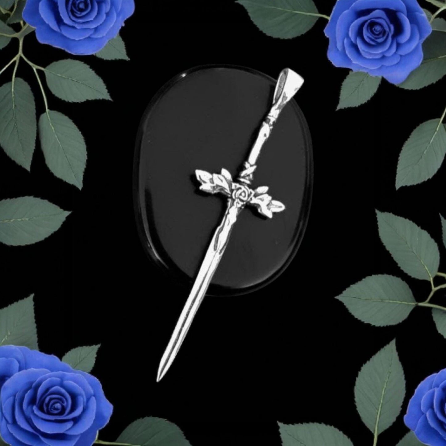 Sterling Silver Blue Rose Sword Pendant: Anime Fantasy Jewelry
