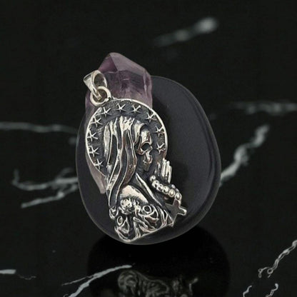 925 Silver Santa Muerte praying Pendant  with Roses & A cross Rosary - Holy Death