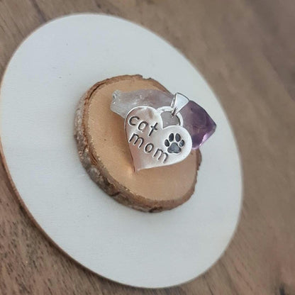 Handmade Sterling Silver Cat Mom Heart Pendant - Paw Print Charm