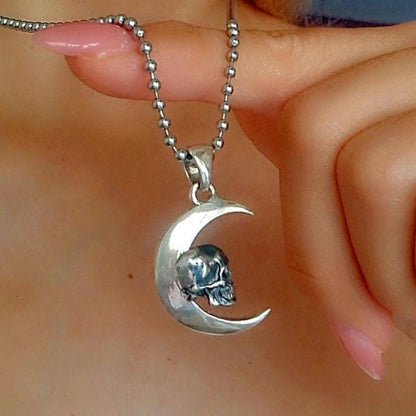 Handmade Gothic Sterling Silver Skull Moon Pendant Necklace