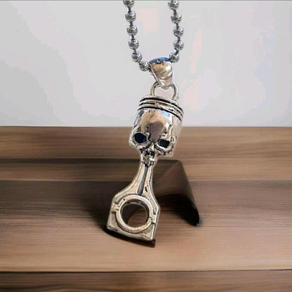 Handmade Sterling Silver Skull Piston Pendant - Gothic Biker Charm