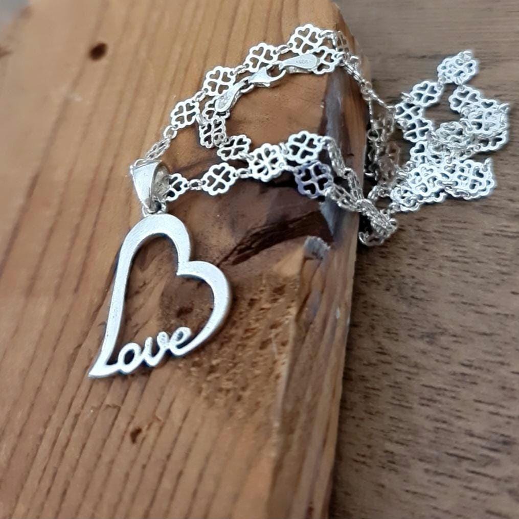 Handmade Sterling Silver Love Heart Necklace - Floral Chain