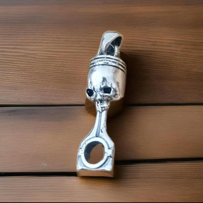 Handmade Sterling Silver Skull Piston Pendant - Gothic Biker Charm
