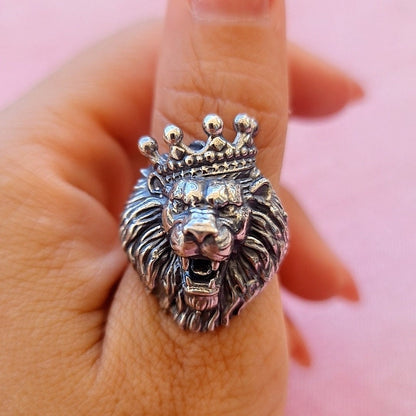 Handmade 925 Silver Lion Ring: Gothic Crown Ring
