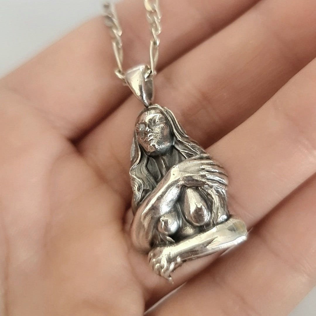 Retro topless godess held by man's arms- Pendant in 925  Sterling Silver -Unique Handcrafted Gift for Her or him