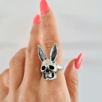 Handmade Sterling Silver Bunny Skull Ring: Gothic Statement Jewelry
