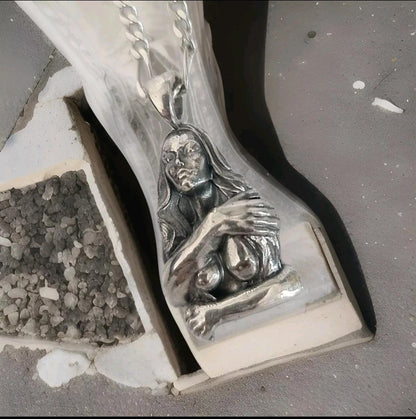 Retro topless godess held by man's arms- Pendant in 925  Sterling Silver -Unique Handcrafted Gift for Her or him