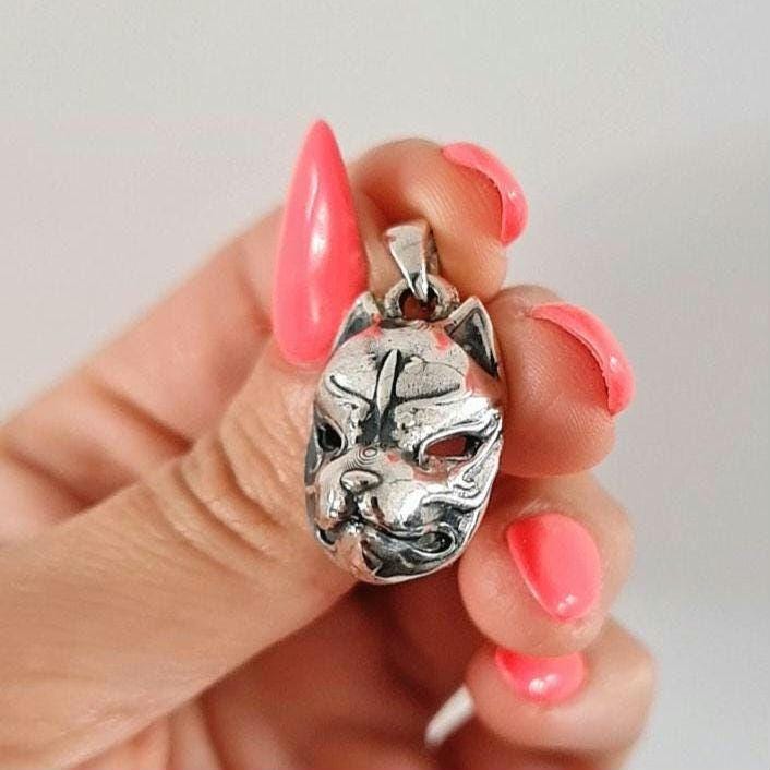 Sterling Silver Japanese Kitsune Fox Mask Pendant: Edgy Inari Necklace