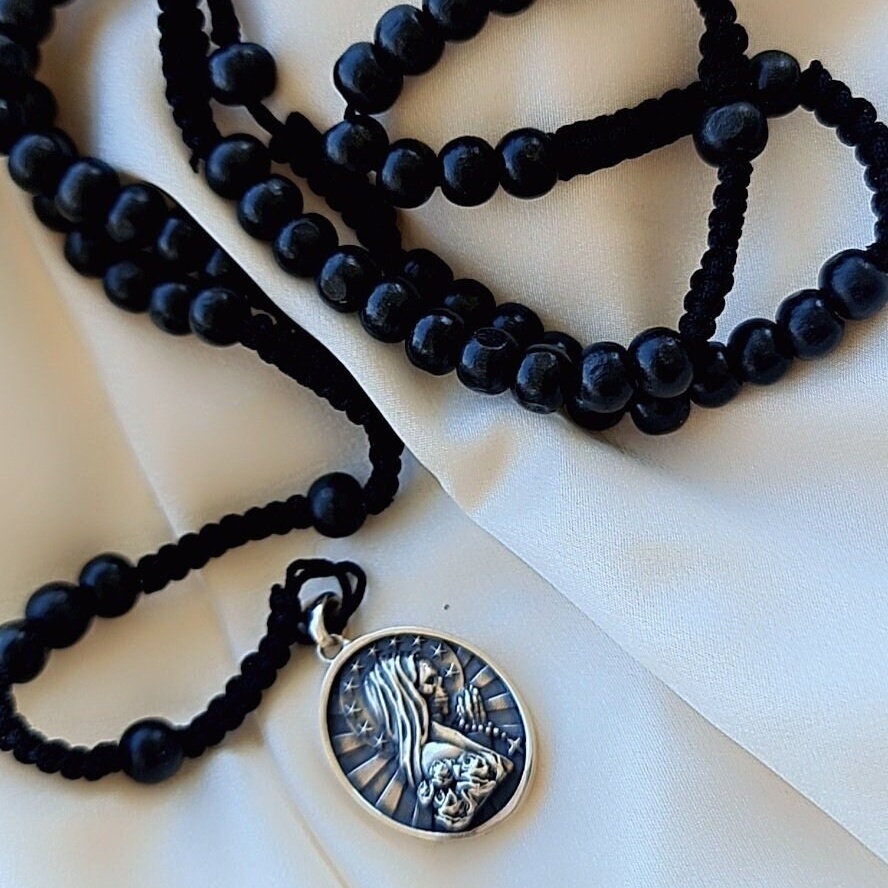 Handmade Santa Muerte Rosary Necklace: 925 Silver Praying Pendant