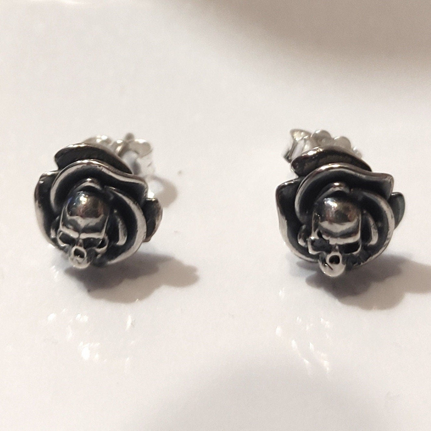 Roses and Skulls Stud Earrings - Gothic Style - Sterling Silver -