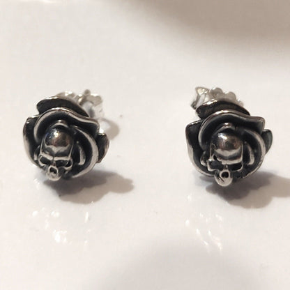 Roses and Skulls Stud Earrings - Gothic Style - Sterling Silver -
