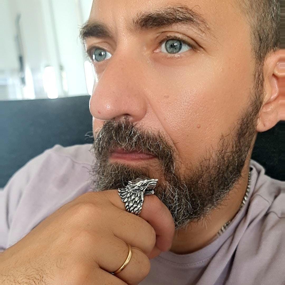 Sterling Silver Game of Thrones Direwolf Winter is Coming Ring: Handmade Viking Wolf Head Jewelry