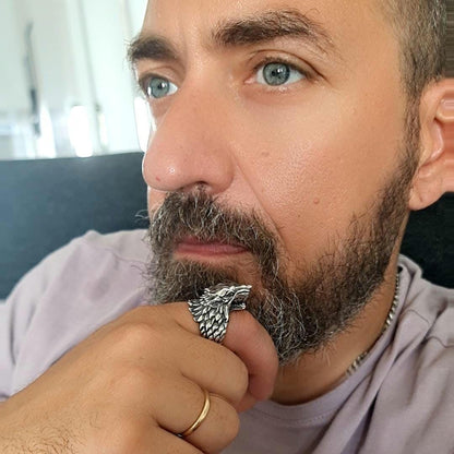 Sterling Silver Game of Thrones Direwolf Winter is Coming Ring: Handmade Viking Wolf Head Jewelry