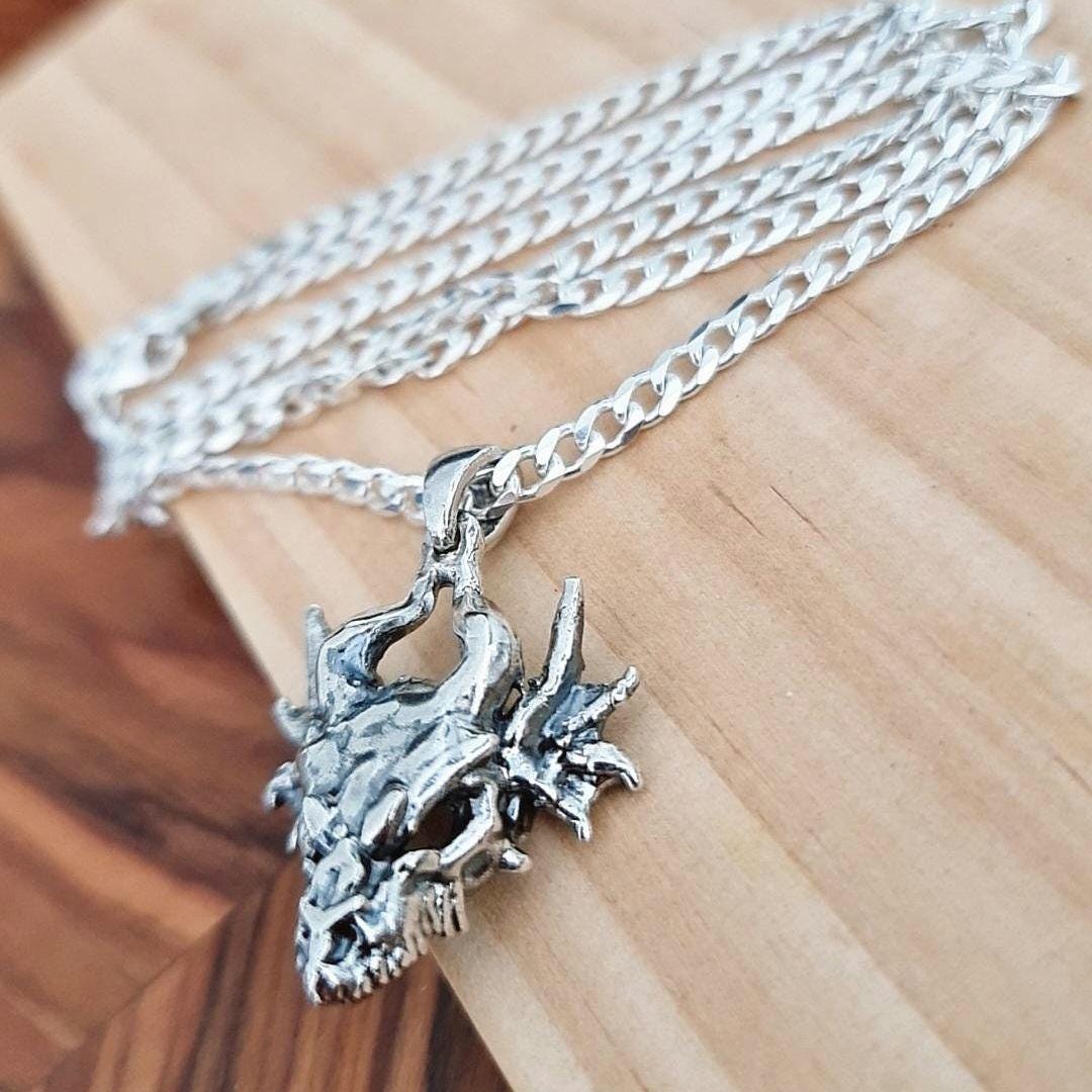 Handmade Sterling Silver Dragon Skull Pendant: Gothic Fantasy Jewelry