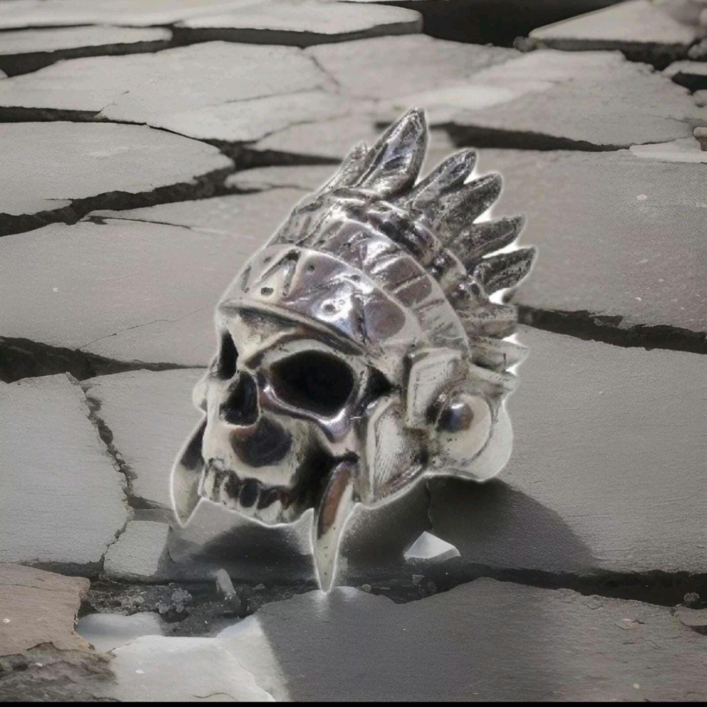 Handmade 925 Sterling Silver Native American Skull Ring: Gothic Chief Indian