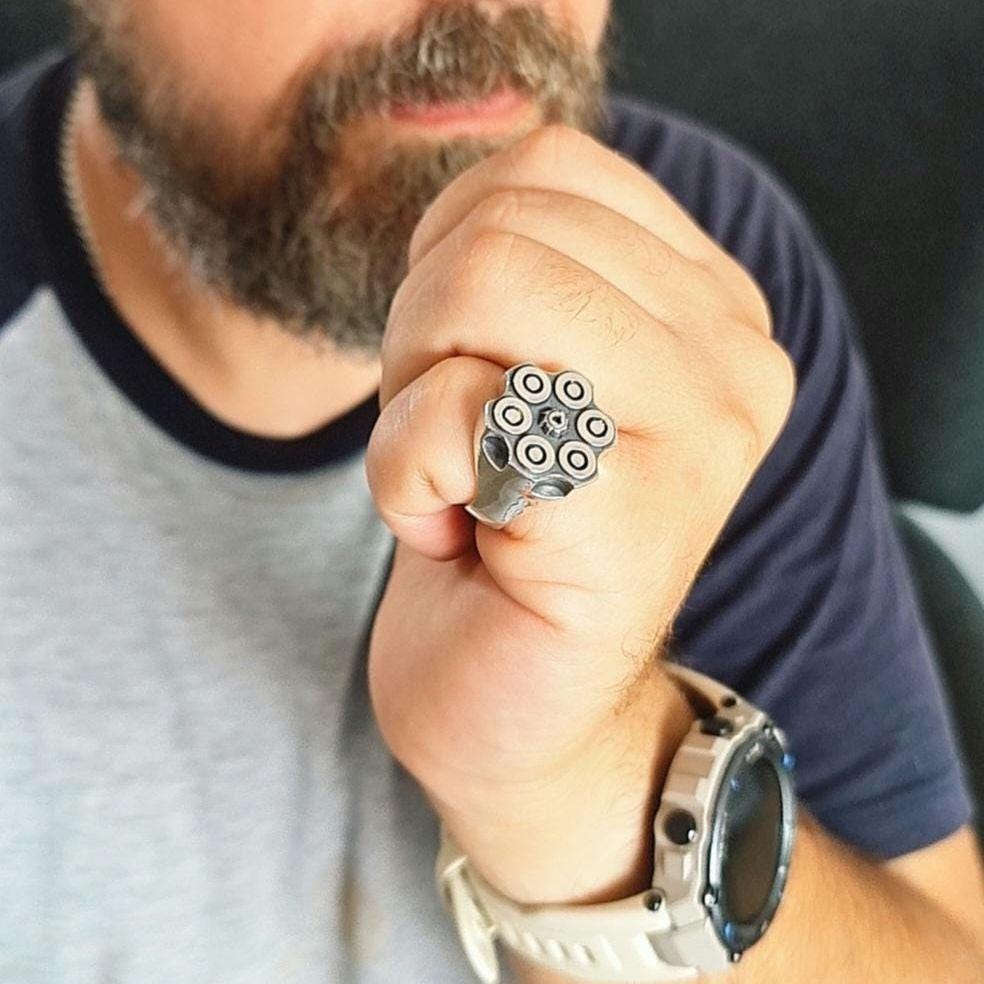 Bullet Revolver Ring - Ammo Signet Ring: Sterling Silver  Bullet Casing, Rebel Biker Style, Magnum Revolver Gun Cylinder Ring