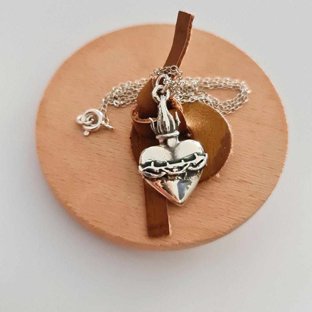 Sterling Silver Sacred Heart Necklace: Flame & Thorns, Catholic Gift
