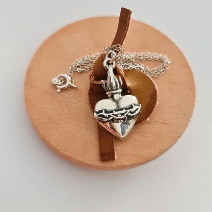 Sterling Silver Sacred Heart Necklace: Flame & Thorns, Catholic Gift