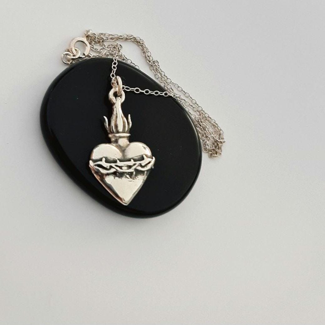 Sterling Silver Sacred Heart Necklace: Flame & Thorns, Catholic Gift