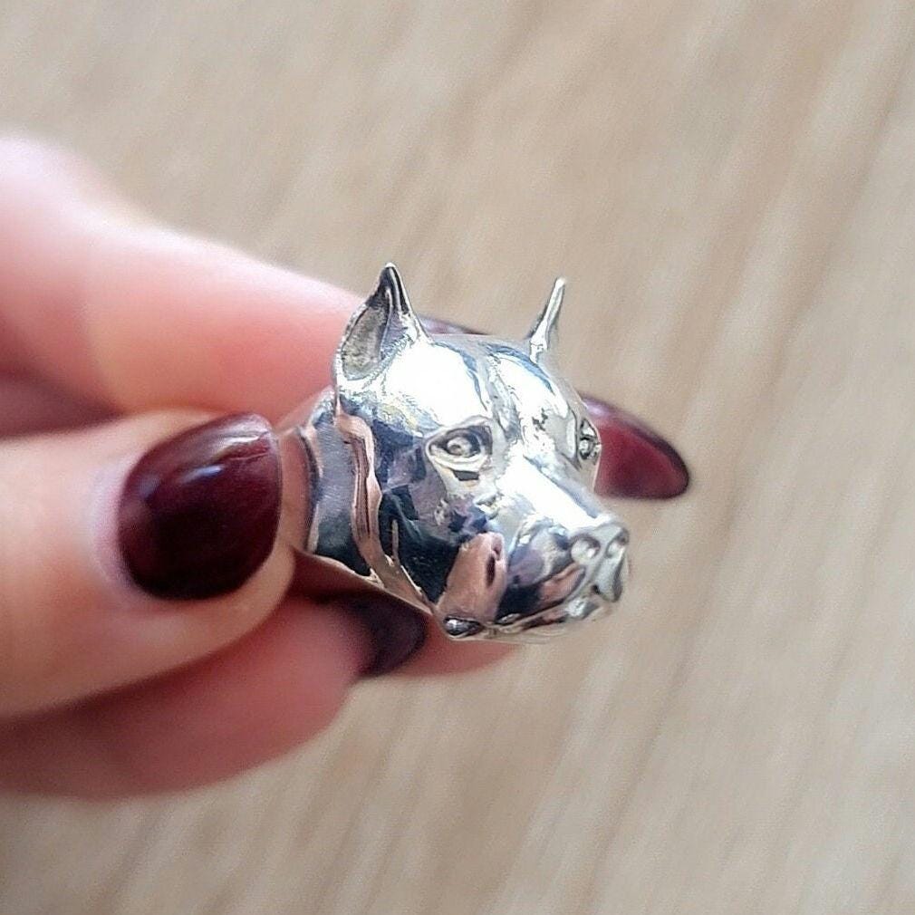 Handmade Sterling Silver Pitbull Ring: Dog Lover Gift