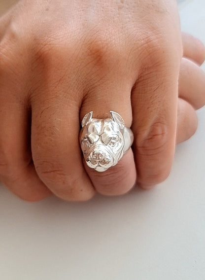 Handmade Sterling Silver American Pit Bull Ring - Dog Lover Gift