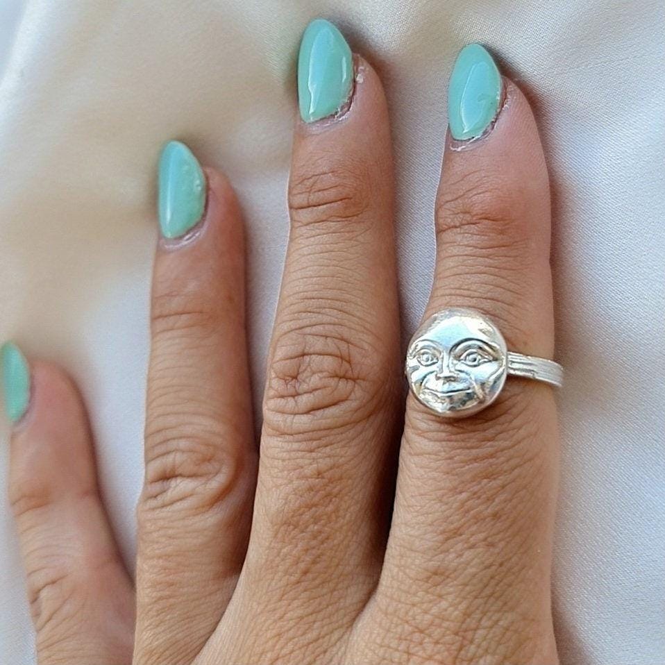 Handmade Sterling Silver Full Moon Face Ring: Celestial Jewelry