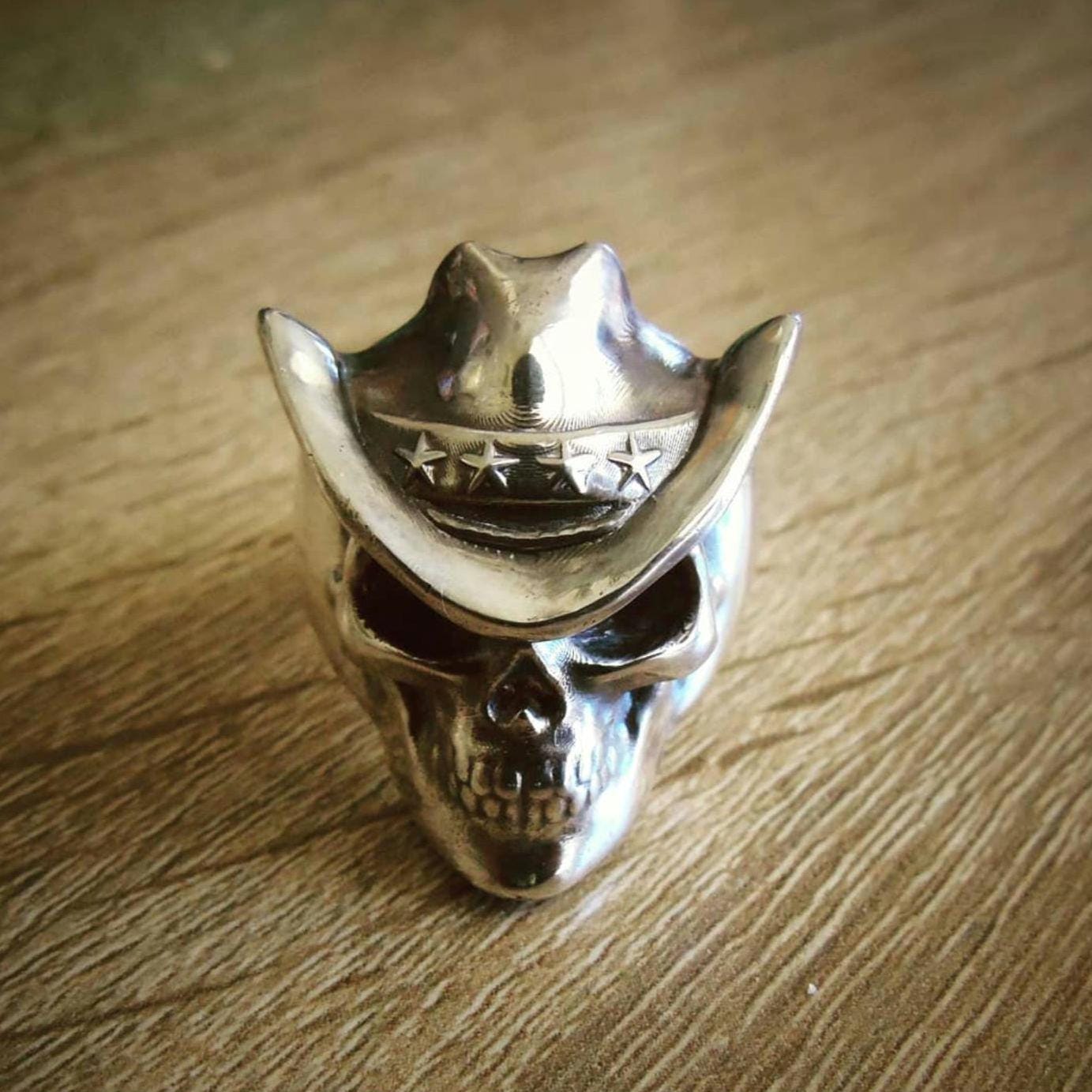 Handmade Sterling Silver Cowboy Skull Ring - Gothic Biker Jewelry