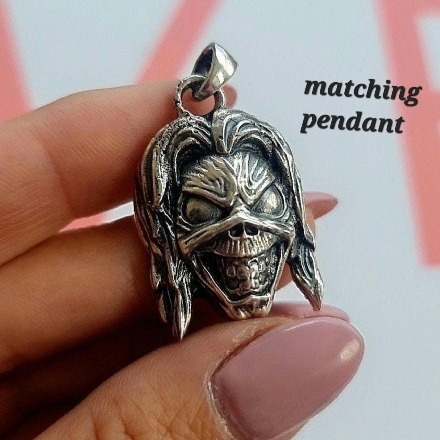 Handmade Sterling Silver Iron Maiden Killers - Eddie Skull Ring: Biker Rock Pendant