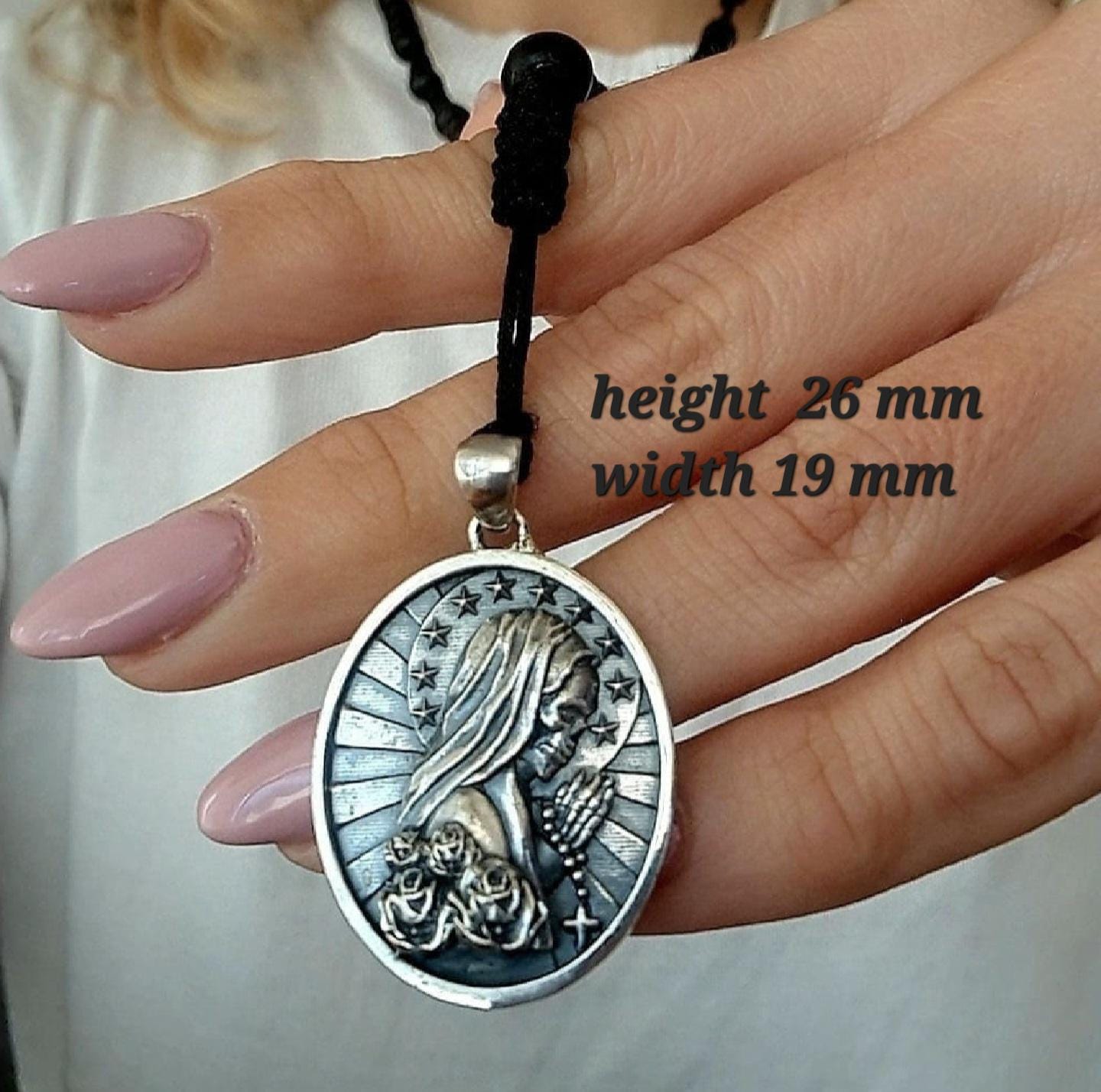 Handmade Santa Muerte Rosary Necklace: 925 Silver Praying Pendant